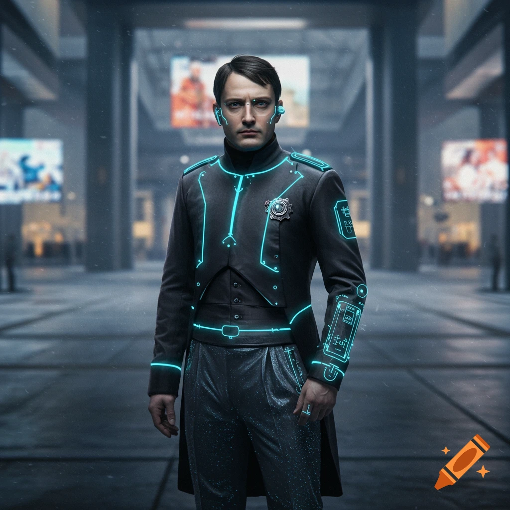 A man in a dark, futuristic uniform with glowing blue lines stands in a modern, slightly blurry city street.