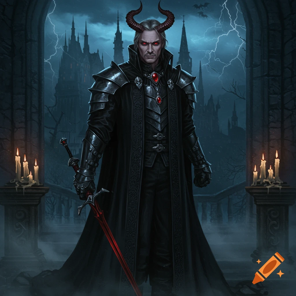 A demonic lord with grey hair, red eyes, horns, and black gothic armor stands in front of a castle under a stormy sky, holding a red sword.