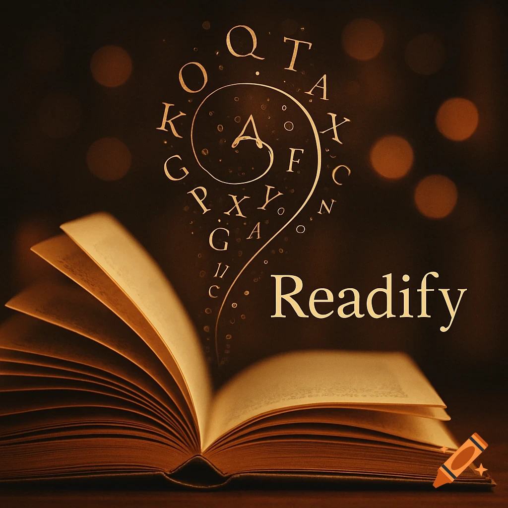 An open book with glowing pages and letters swirling upwards, featuring the word 'Readify' in golden script, against a dark, bokeh background.