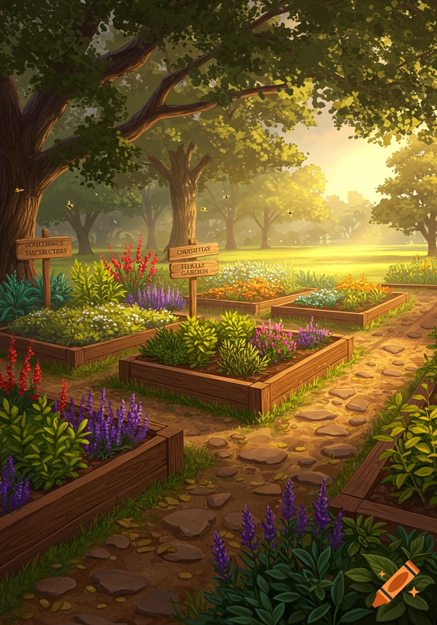 A vibrant, illustrative garden scene with raised wooden beds, colorful flowers, lush greenery, and a stone path under large trees bathed in warm sunlight.