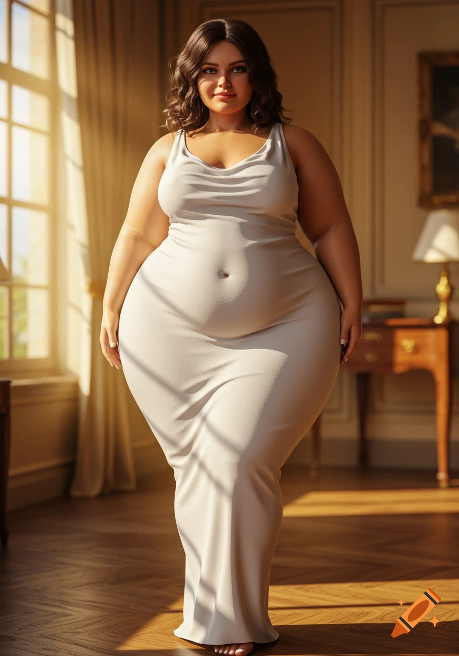 A voluptuous woman in a white, draped dress stands in a sunlit elegant room, looking confidently at the camera.