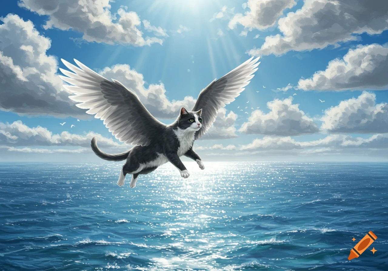 A majestic black and white cat with large wings flies over a sparkling blue ocean under a bright, cloudy sky.