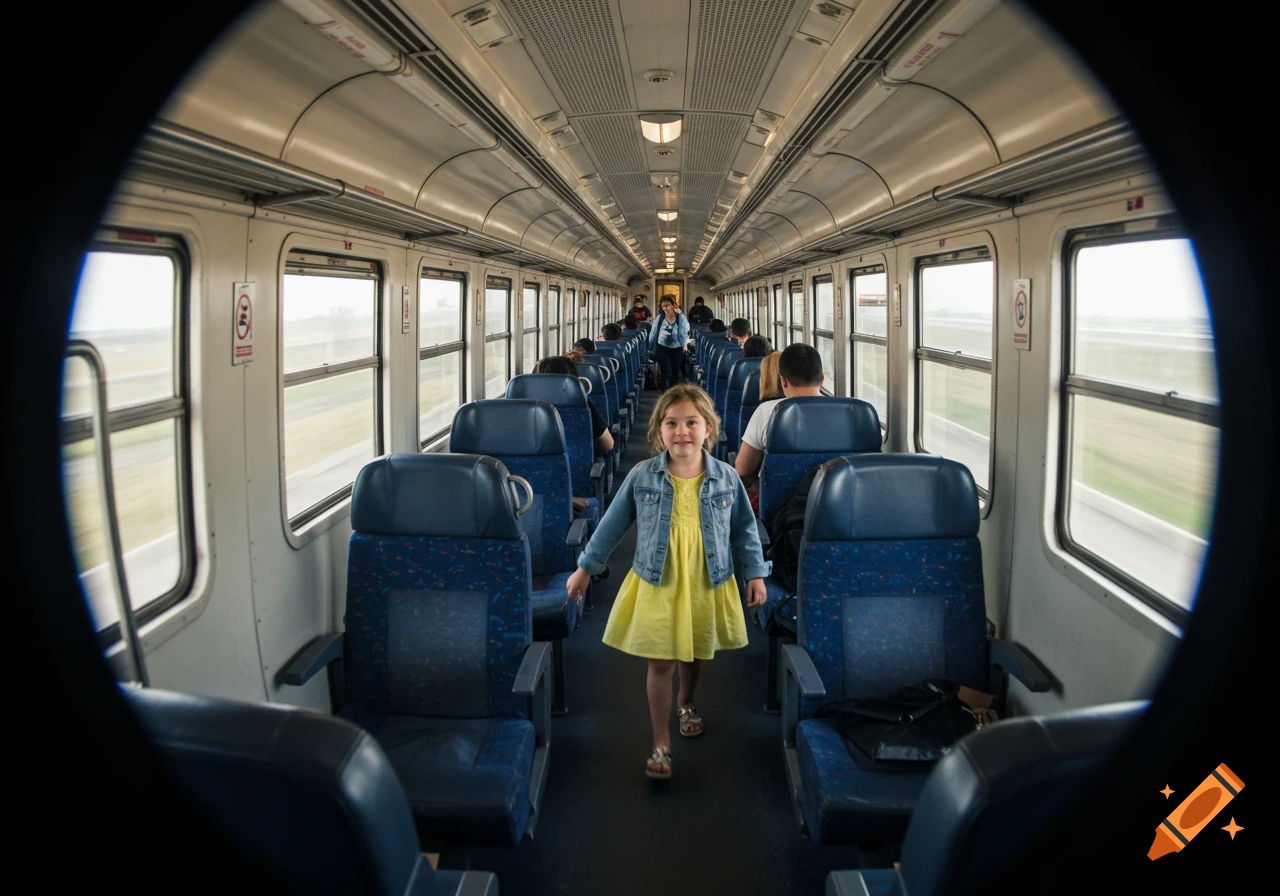 A young girl in a yellow dress and denim jacket walks down the aisle of a moving train, viewed with a fisheye lens.