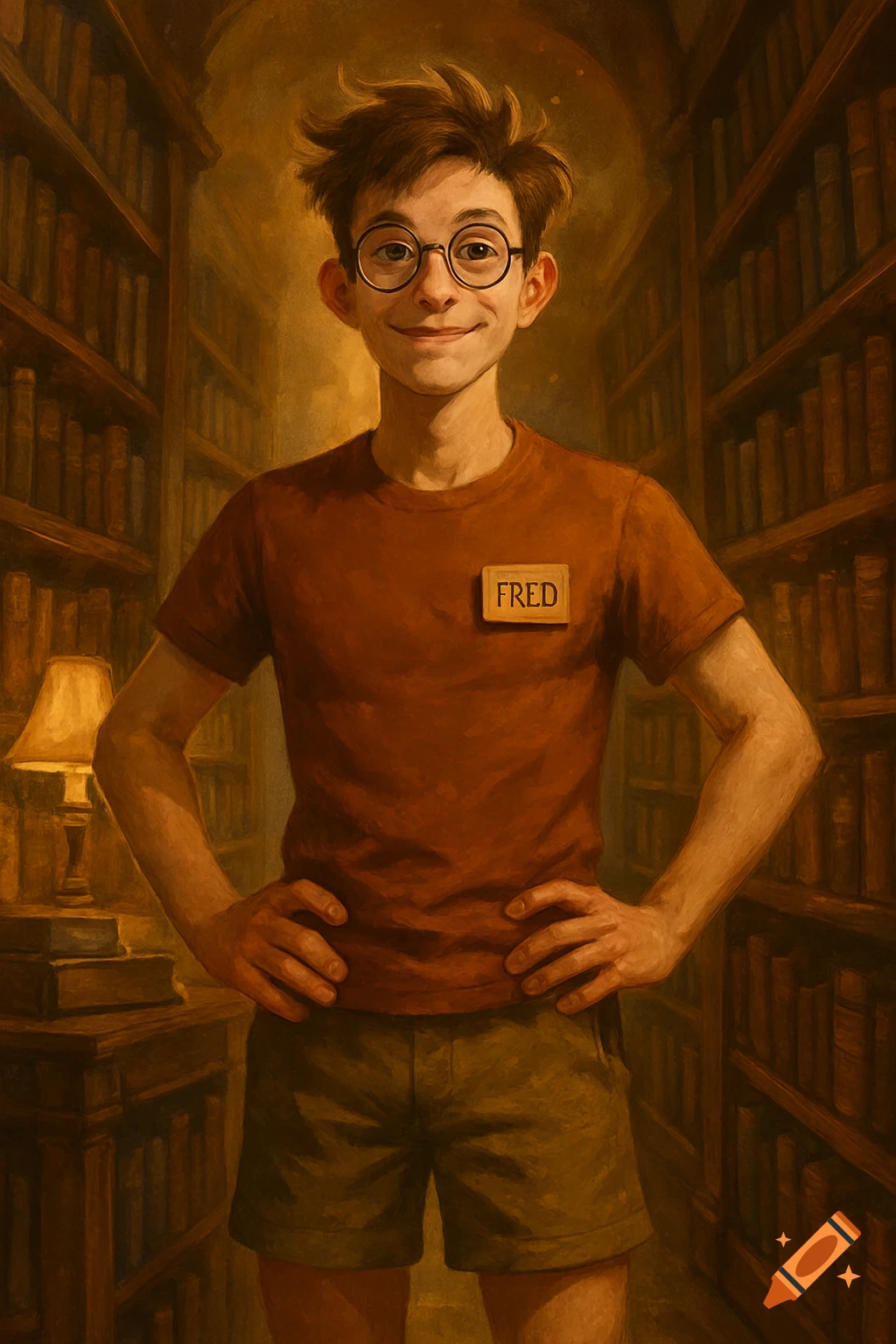 A smiling young male librarian with glasses, wearing a t-shirt and shorts, standing in a library with hands on his hips. Stylized painting.