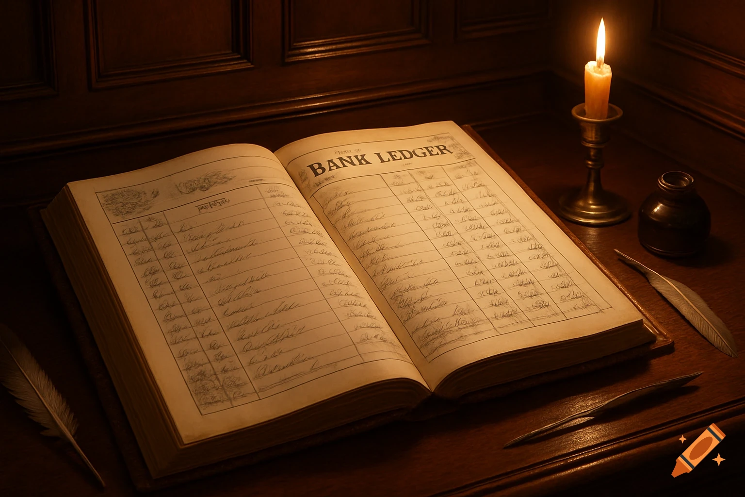 An open, old bank ledger illuminated by candlelight, with an inkwell and quills on a wooden desk.