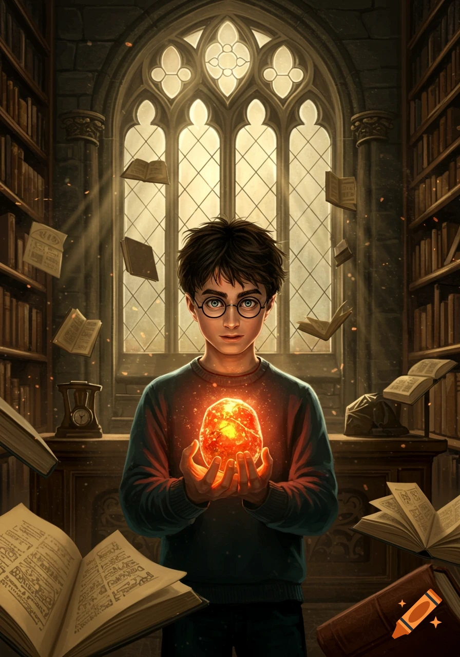 Harry Potter stands in a grand library, holding a glowing red orb, as enchanted books float around him.