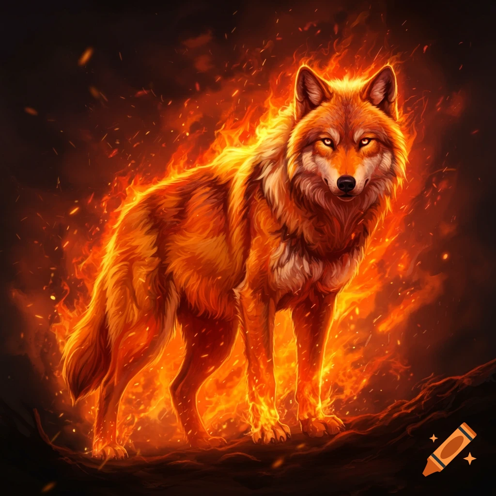 A majestic orange-red wolf engulfed in bright flames, standing on dark ground with glowing embers.