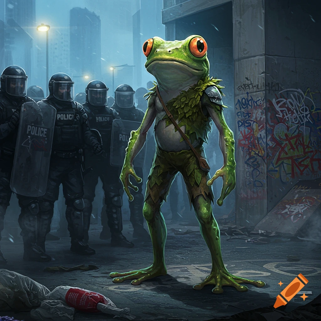A humanoid frog in leaf armor confronts riot police on a rainy, graffiti-covered city street in a digital art style.