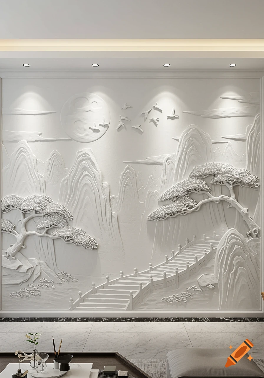 Photorealistic white bas-relief wall panel depicting an Asian mountain landscape with tall peaks, bonsai pines, stone steps, a moon, and birds.