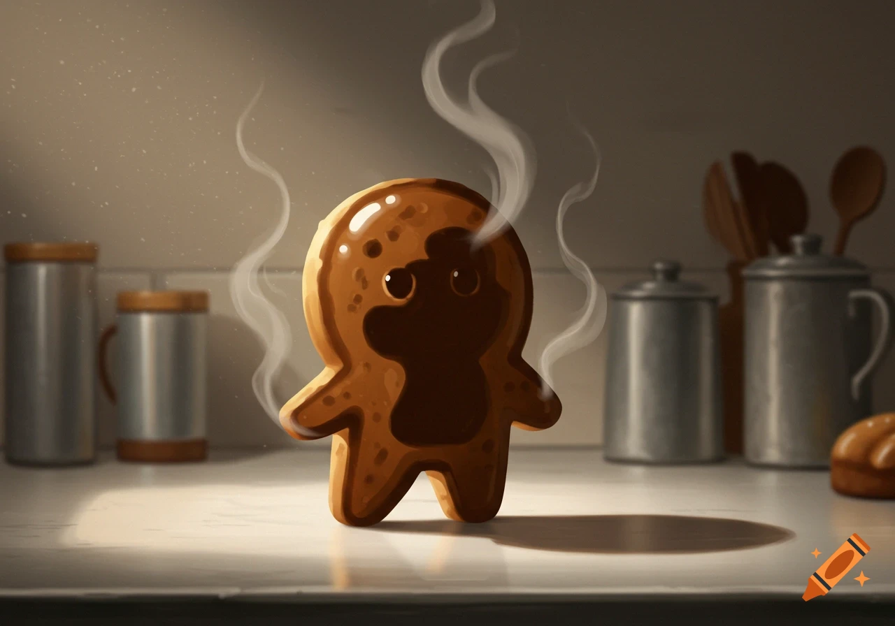 A steaming gingerbread-like cookie with dark brown details stands on a kitchen counter under warm light, cartoon style.