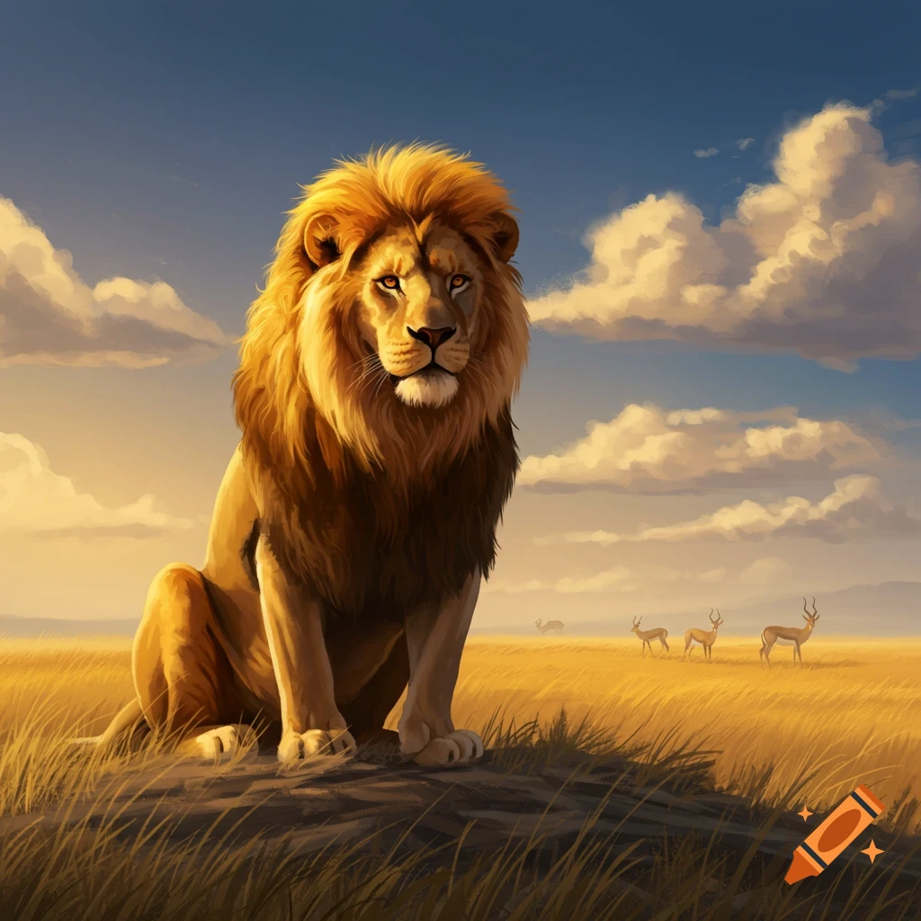 A majestic lion sits on a small hill in a golden savanna under a blue sky with clouds, looking directly forward, digital art.