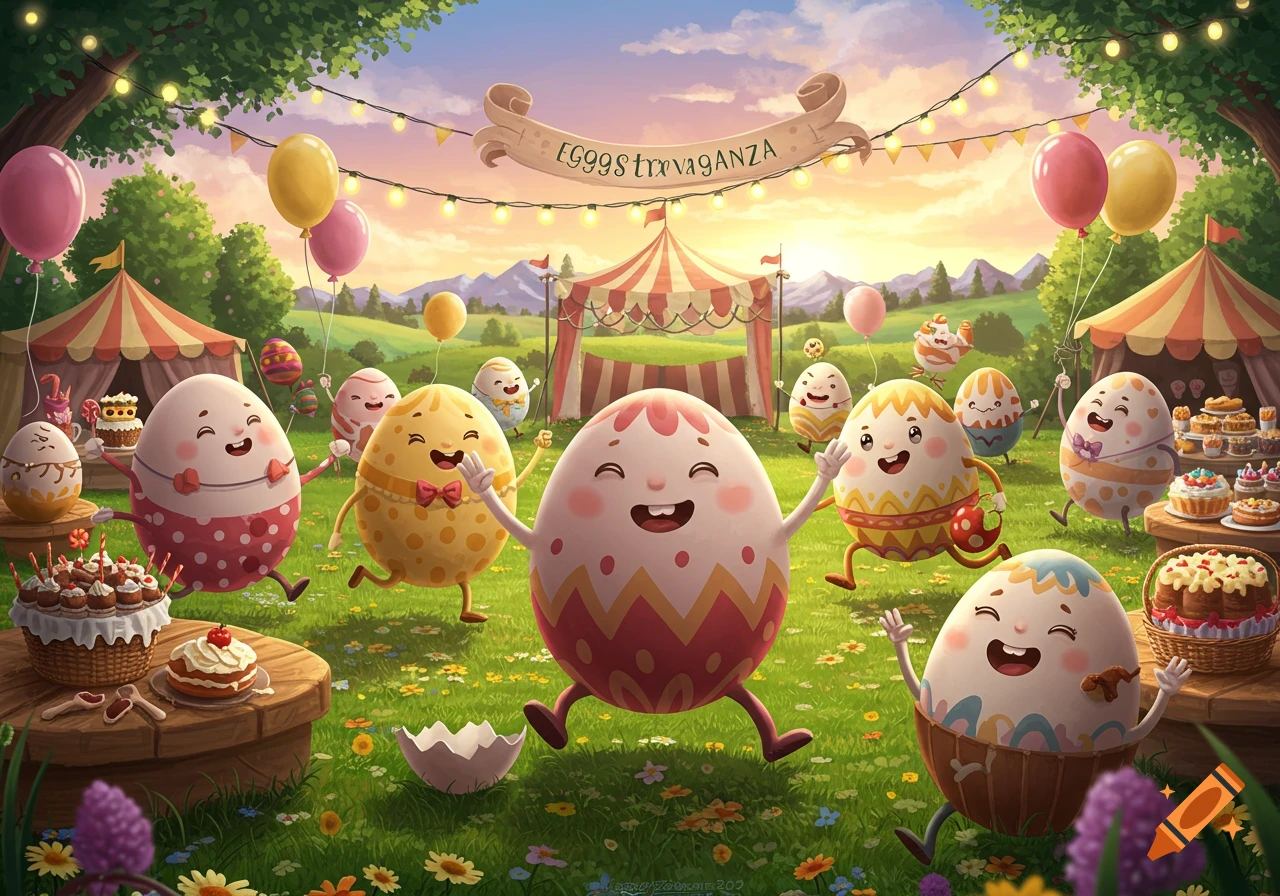 Animated Easter eggs celebrating at a vibrant outdoor party with balloons, carnival tents, and tables laden with desserts.