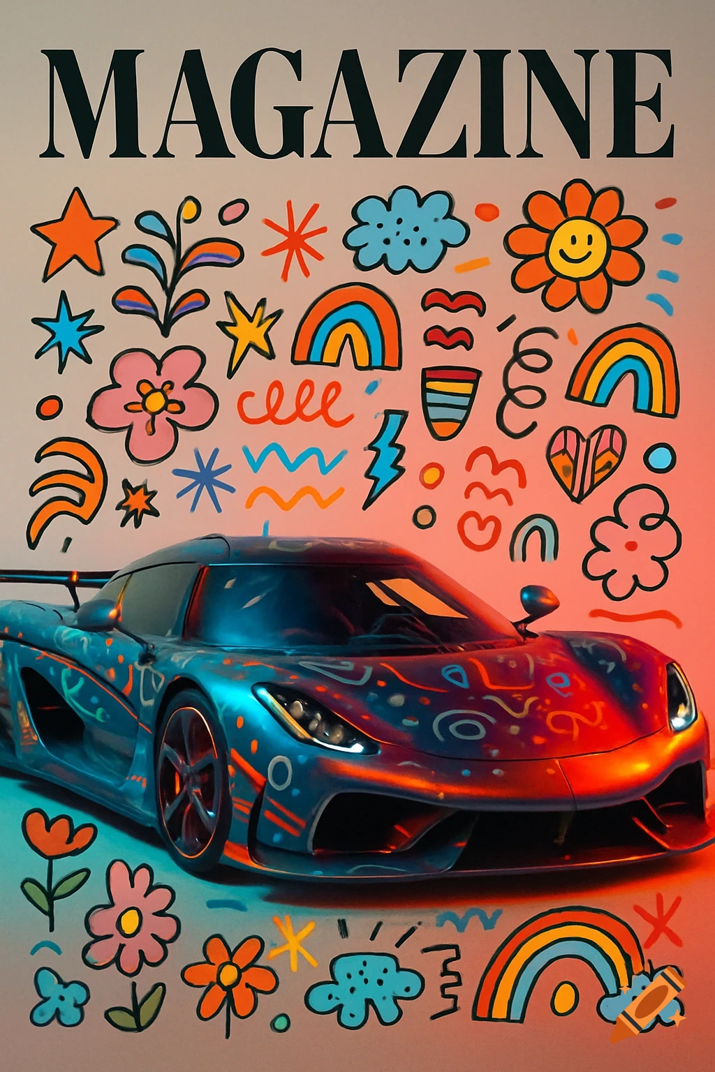 A magazine cover featuring a sleek blue sports car covered in colorful doodles, with the title 'MAGAZINE' at the top.