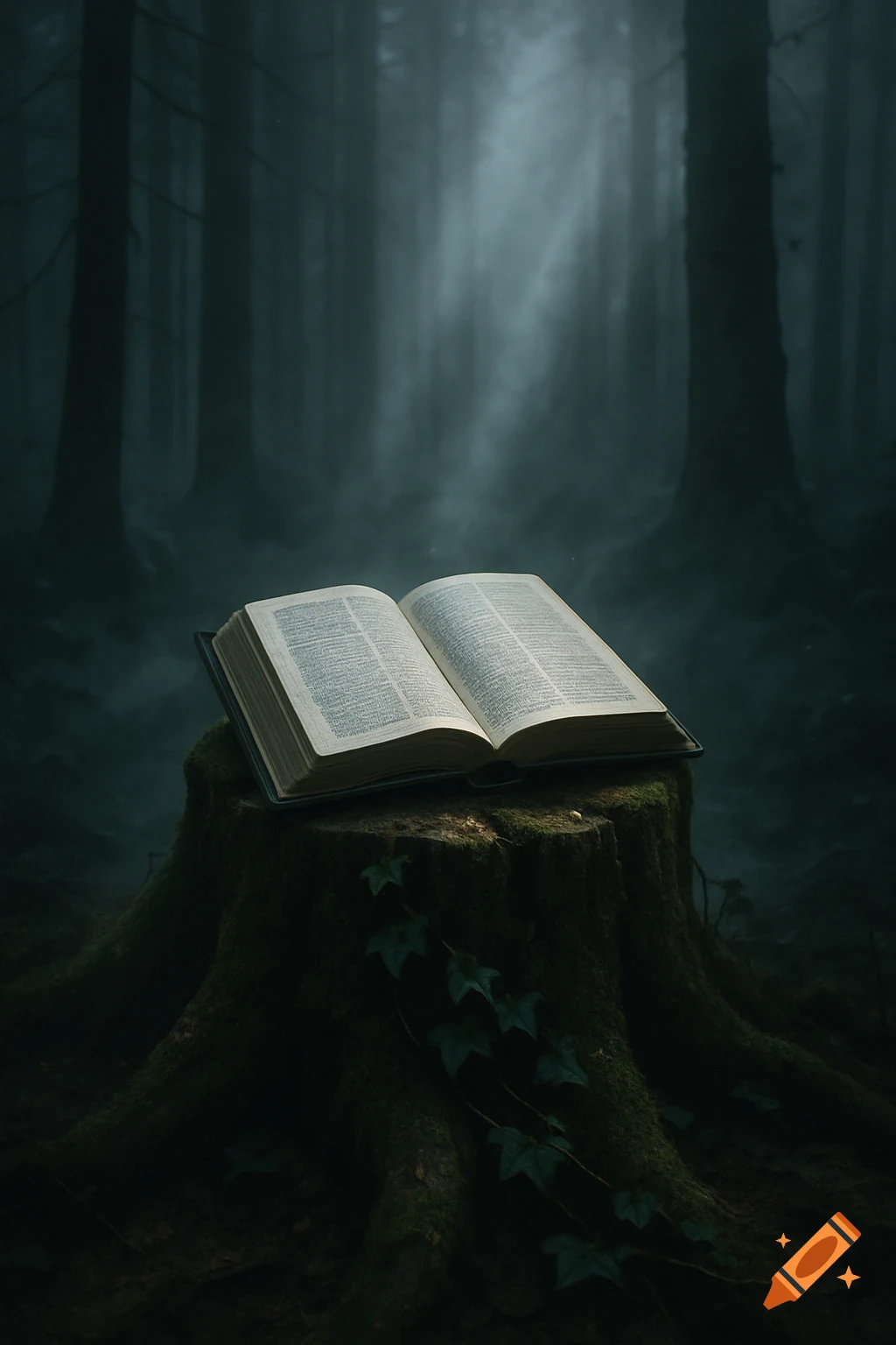 An open book rests on a moss-covered tree stump in a dark, misty forest, illuminated by a soft beam of light.