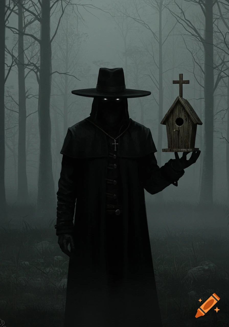 Dark figure in a wide hat and cloak with glowing eyes, holding a birdhouse with a cross in a misty forest.