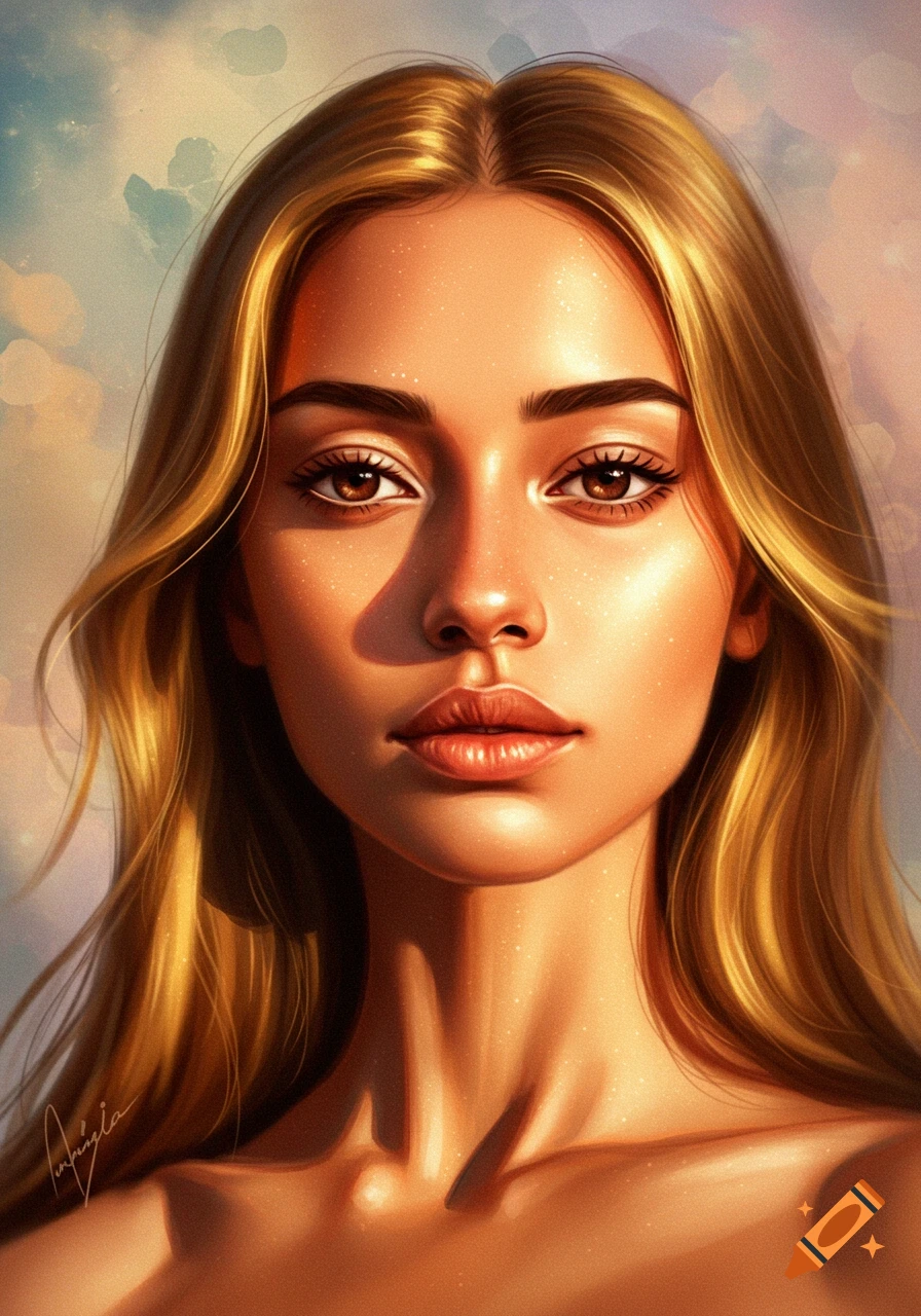 Digital painting of a woman with long golden hair, illuminated by warm light, sparkling skin.