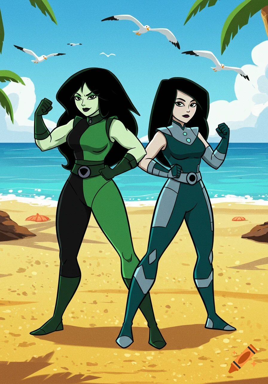 Cartoon Shego and a woman in a teal suit flex their muscles on a sunny beach, with palm trees and seagulls in the blue sky.
