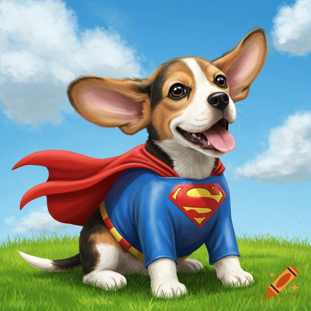 A cute beagle puppy in a blue Superman costume with a red cape sits on green grass under a sunny sky. Digital art.