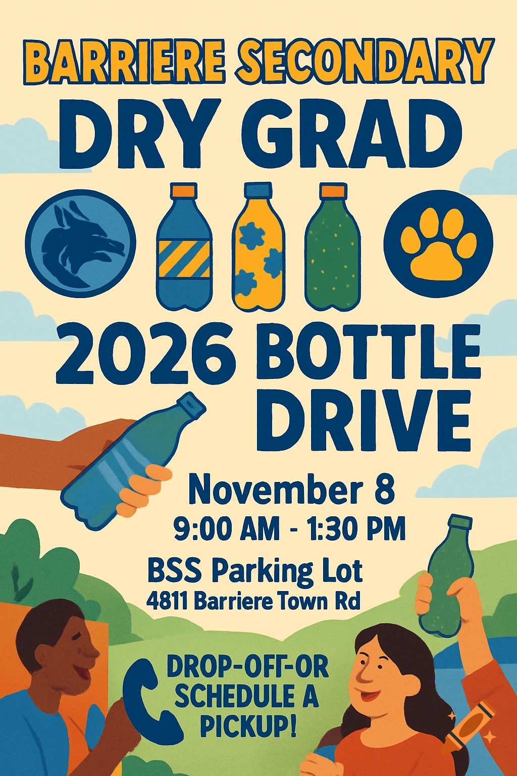 A colorful poster for the Barriere Secondary Dry Grad 2026 Bottle Drive, featuring text, cartoon people, and various bottles.