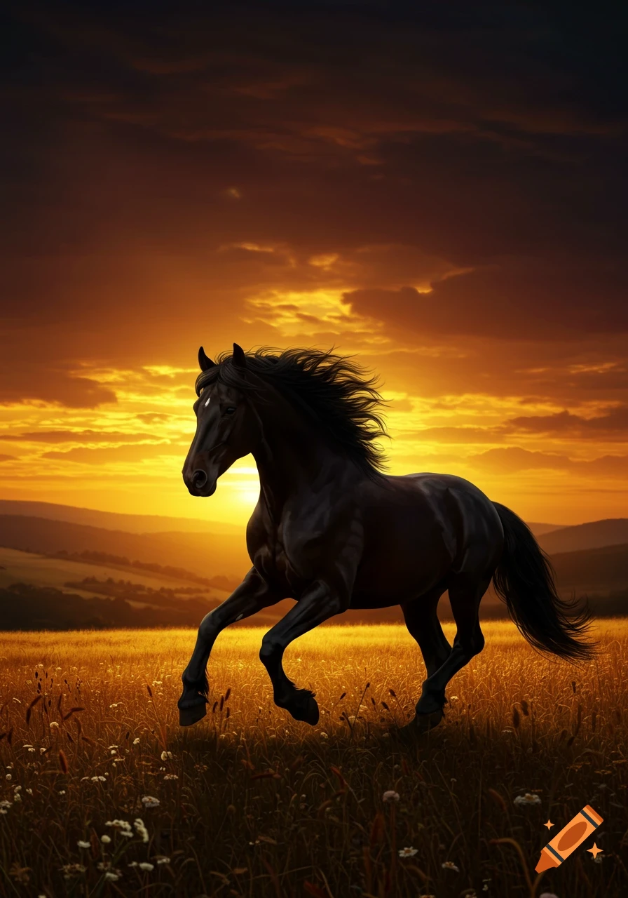 A black horse with a white blaze gallops through a golden field at sunset, silhouetted against an orange and yellow sky with distant hills.