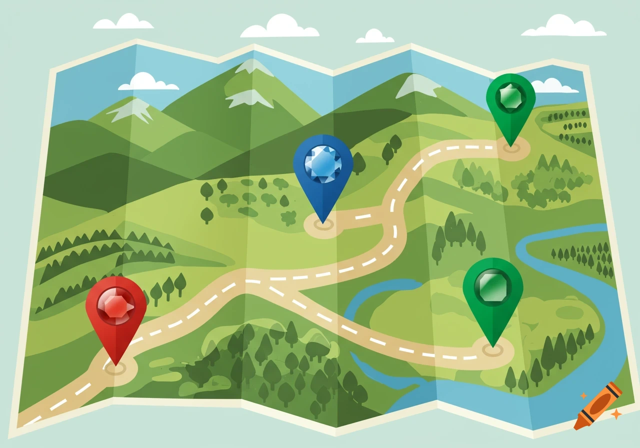 Colorful vector illustration of a folded map with mountains, a winding road, a river, and three gem-faceted map pins.
