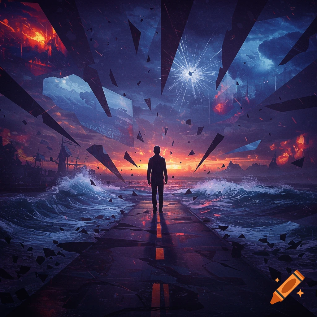 A dramatic, abstract scene with a silhouette figure on a path surrounded by stormy waves and shattered fragments under a vibrant sunset.