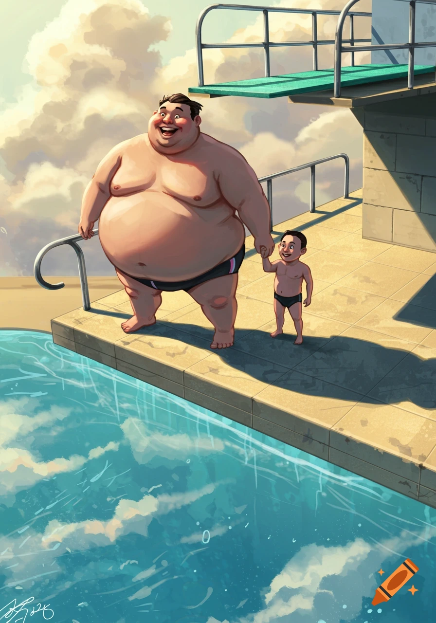 Illustration of an overweight man and a small child, both in swim briefs, holding hands and smiling by a swimming pool with a diving board.