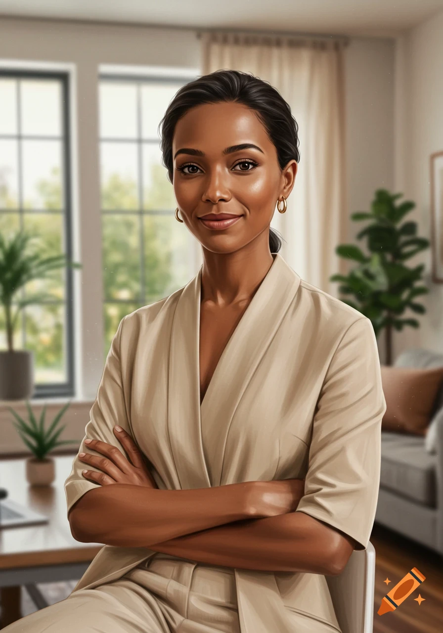 Digital art portrait of a smiling professional woman with dark hair in a light suit, arms crossed, in a bright indoor setting.
