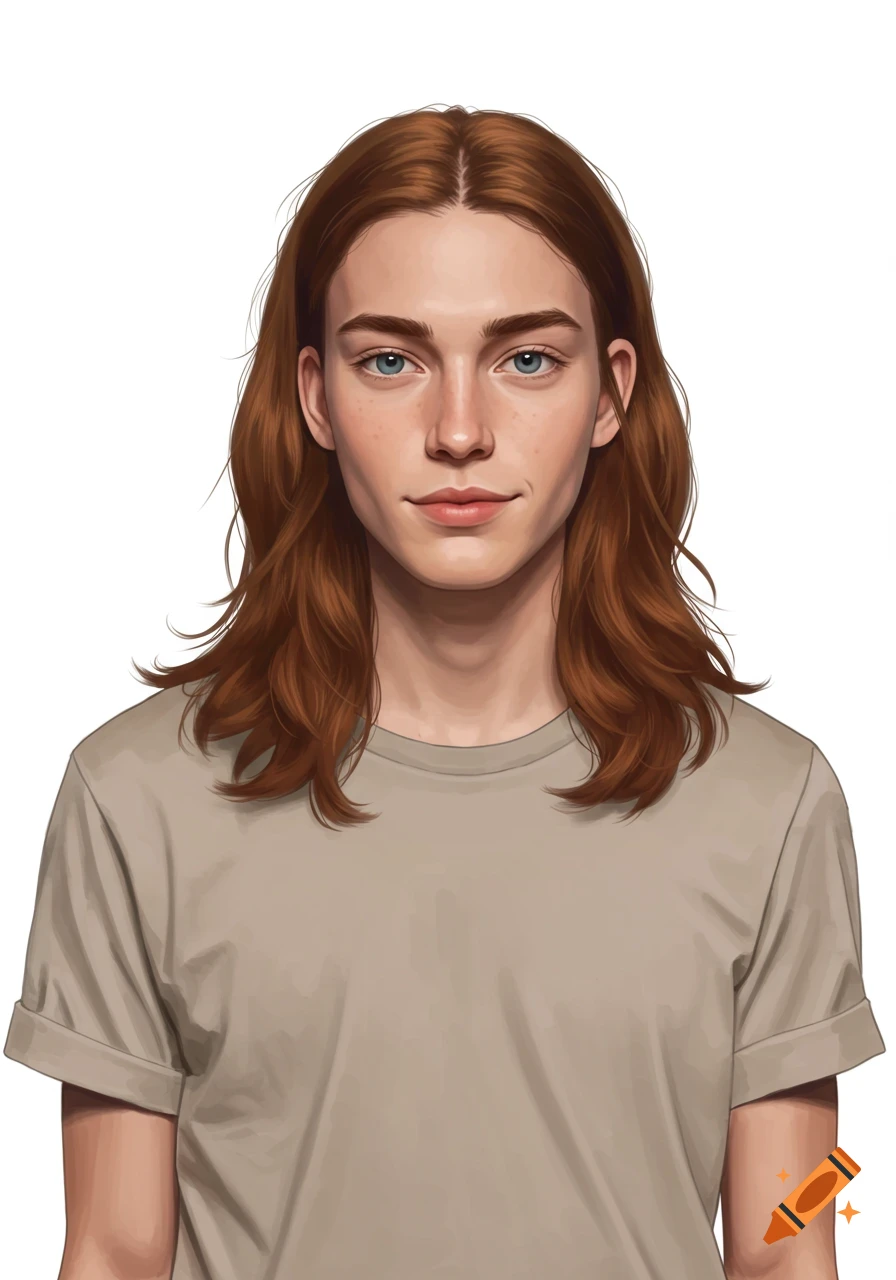 A person with long brown hair and blue eyes, wearing a beige t-shirt, looking forward against a white background.