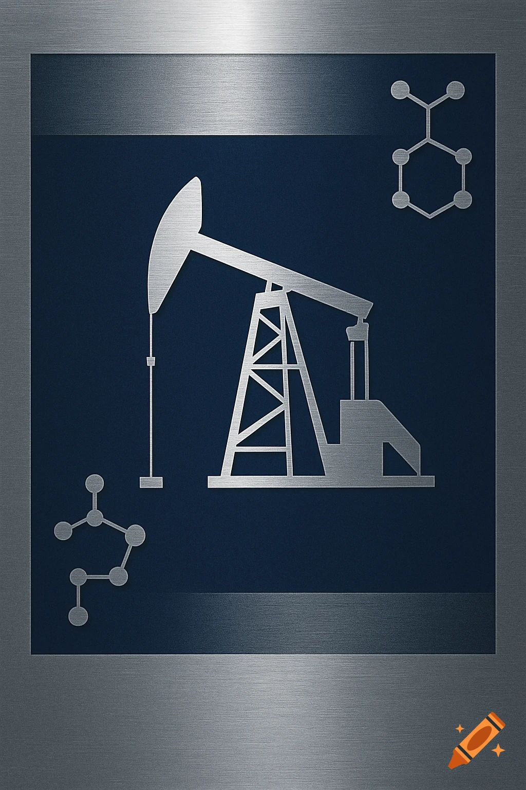 Silver oil pumpjack and molecular structures on a dark blue panel with brushed metal borders.