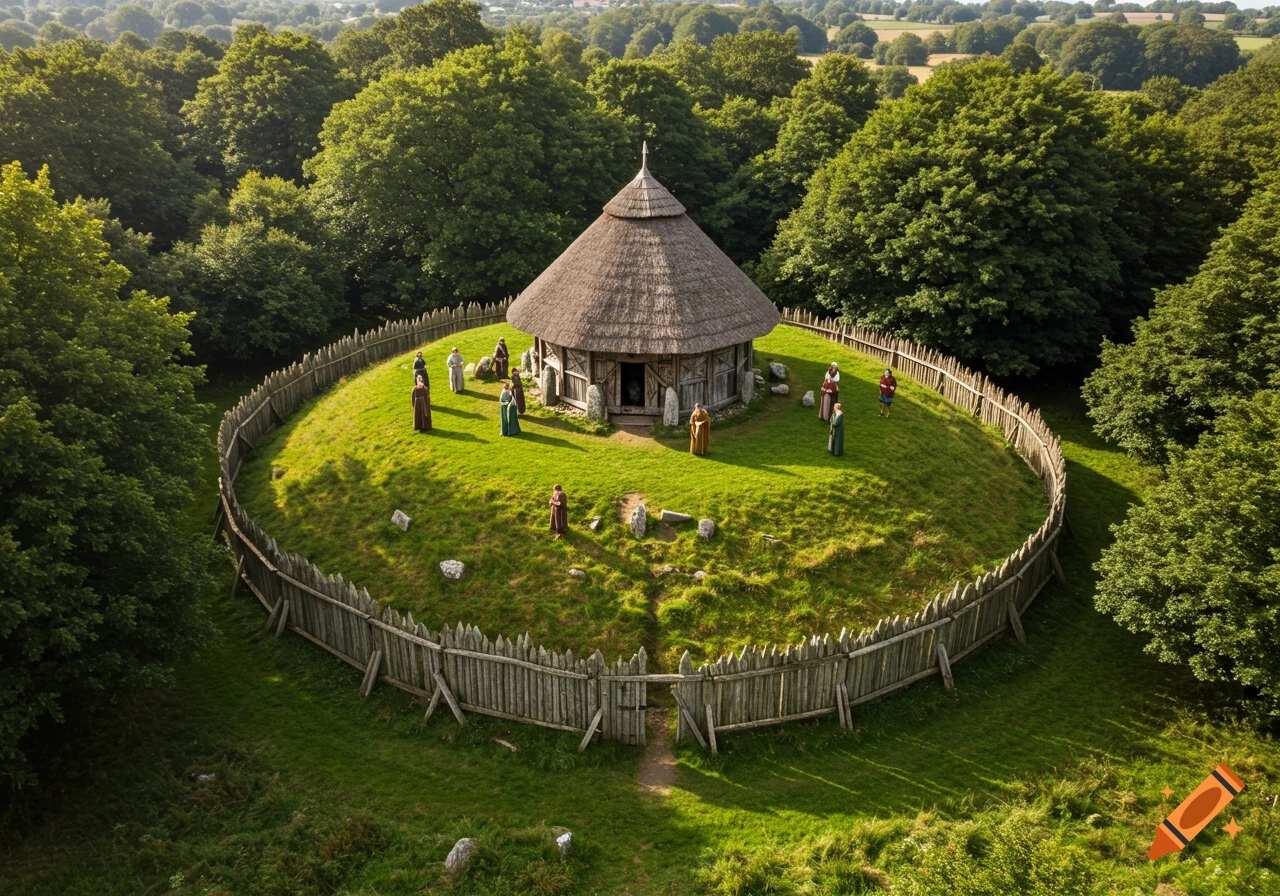 Aerial view of a thatched roundhouse and wooden palisade on a grassy mound, surrounded by an oaken forest with figures in robes.