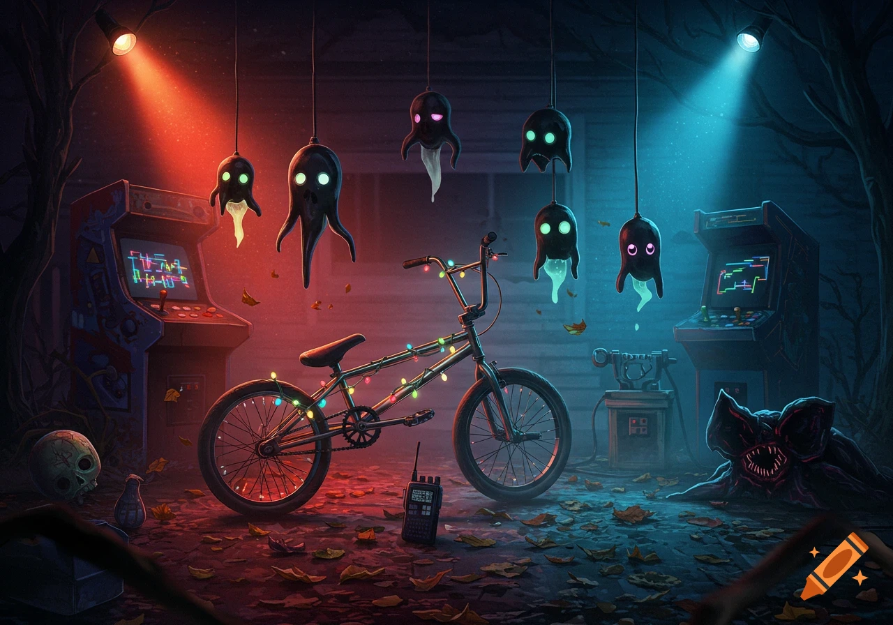 Stylized illustration of a bike with string lights, a walkie-talkie, arcade machines, floating ghosts, and a Demogorgon in a dark, eerie setting.