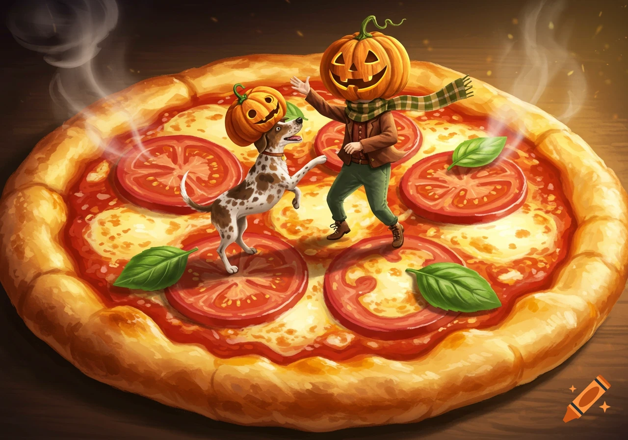 Whimsical illustration of a man with a jack-o'-lantern head and a dog with a pumpkin hat dancing on a large, steaming pizza.