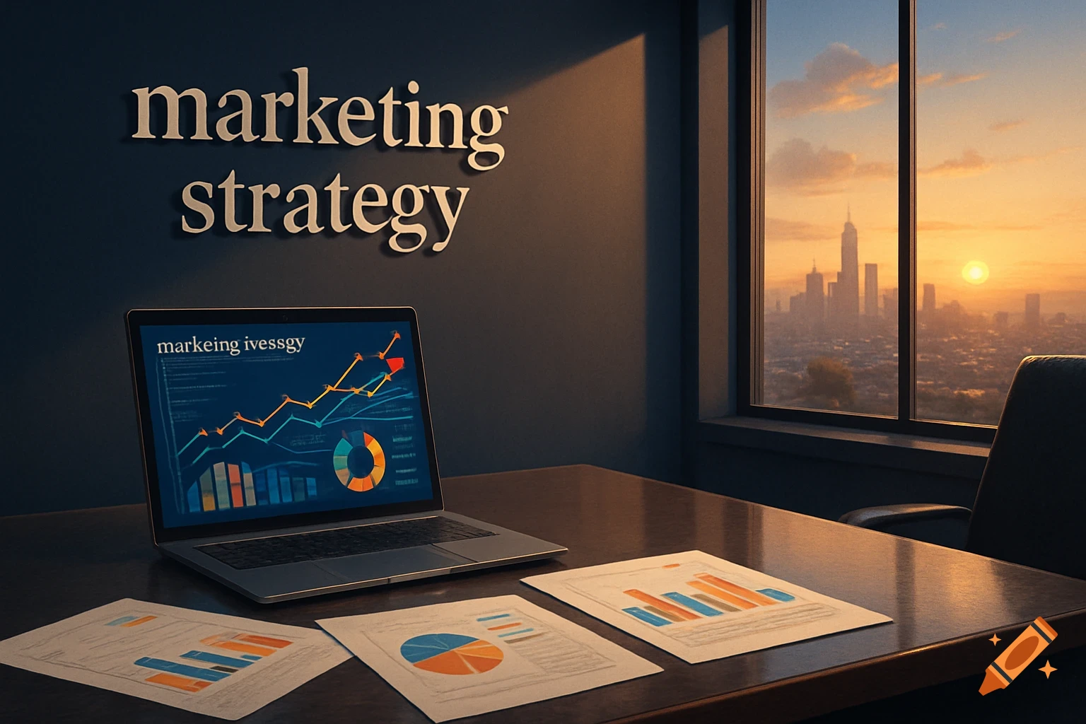 An office desk with a laptop displaying a financial chart, papers with graphs, and text 'marketing strategy' on the wall, overlooking a city skyline at sunset.