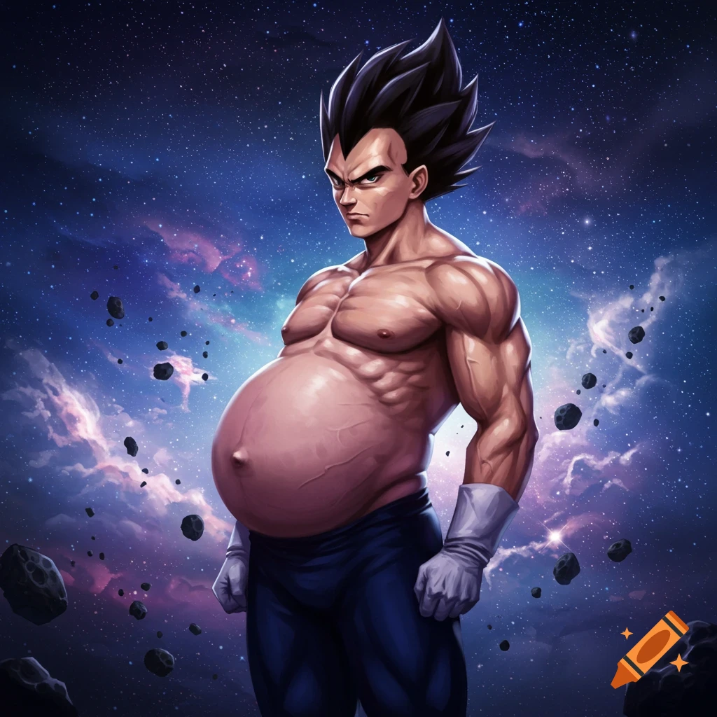 Muscular anime character Vegeta with a pregnant belly stands in space amidst asteroids.