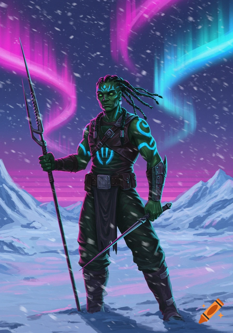 Green-skinned warrior with glowing tattoos and dreadlocks holds a spear and dagger in a snowy tundra under vibrant pink and blue aurora.