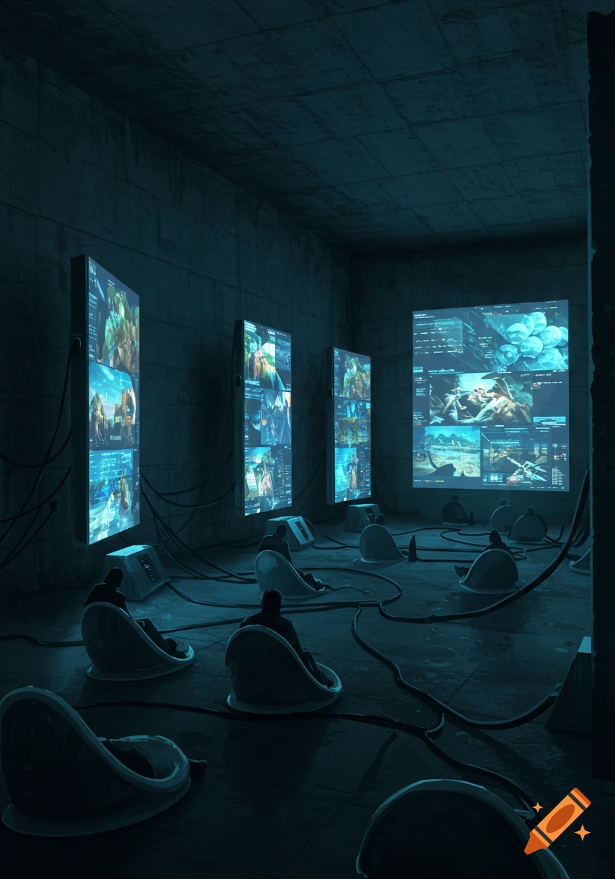 A dark, cavernous room with several individuals sitting in pods, gazing at large, glowing screens displaying various images and data, reminiscent of Plato's Allegory of the Cave.