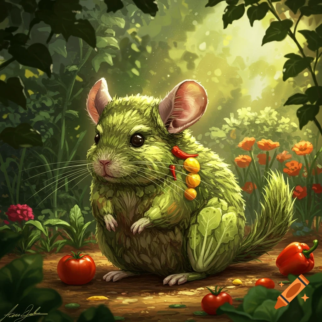 A vibrant illustration of a cute chinchilla-like creature made of green leaves and vegetables, adorned with peppers, sitting in a sunny forest with tomatoes and green foliage.