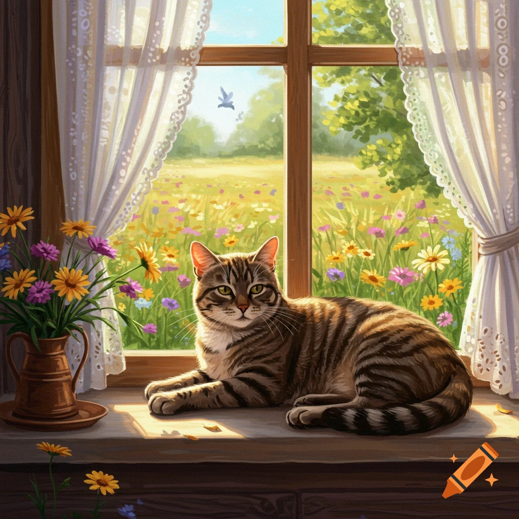 A tabby cat lies on a sunlit windowsill, looking out at a vibrant field of wildflowers with white lace curtains.