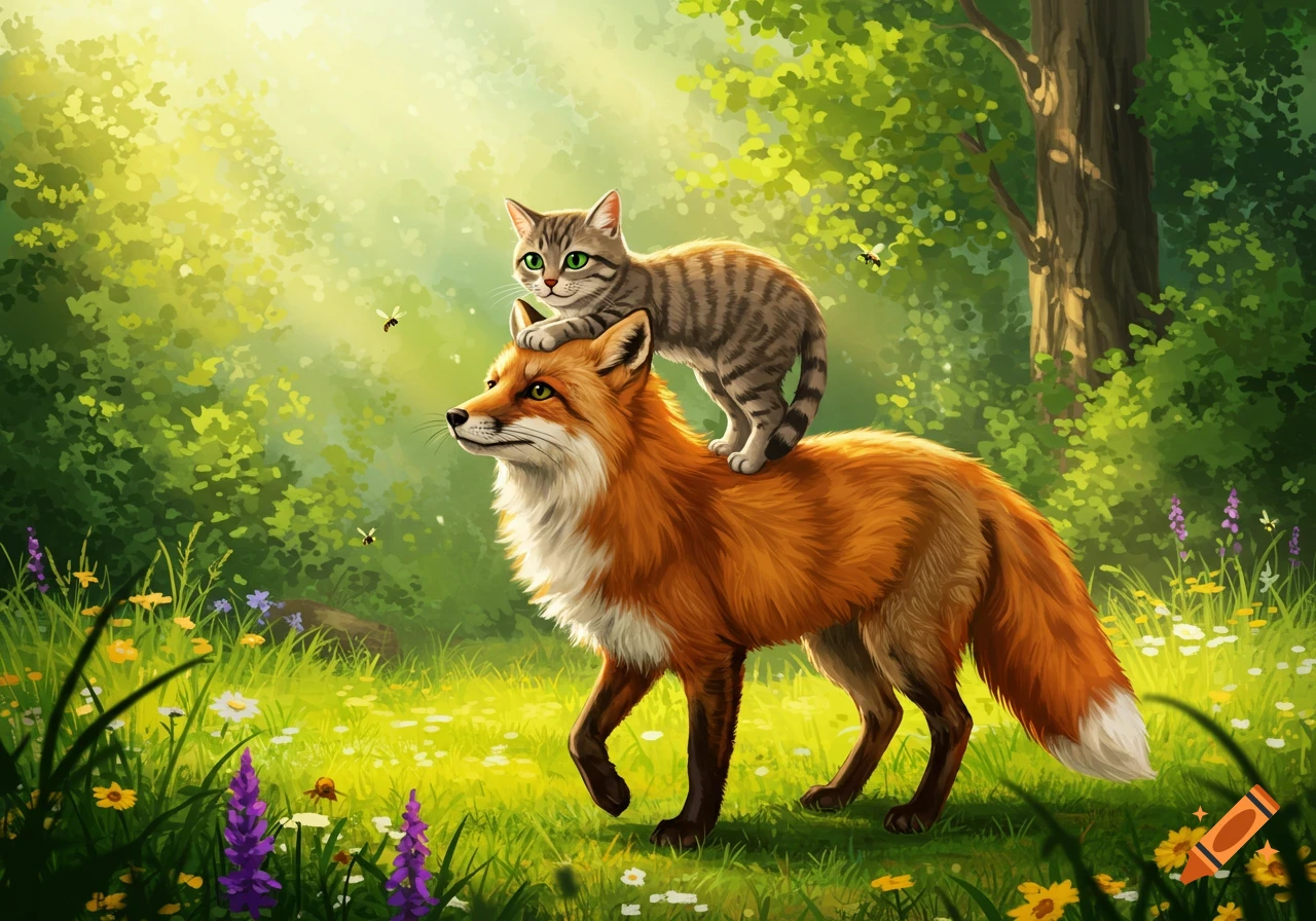 An illustration of a striped tabby cat riding on the head of a red fox through a sunny green forest meadow with wildflowers.