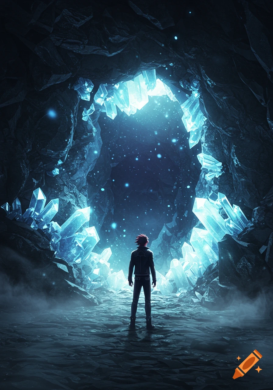 Anime character with red hair stands in a dark cave illuminated by glowing blue crystals, looking into the light.
