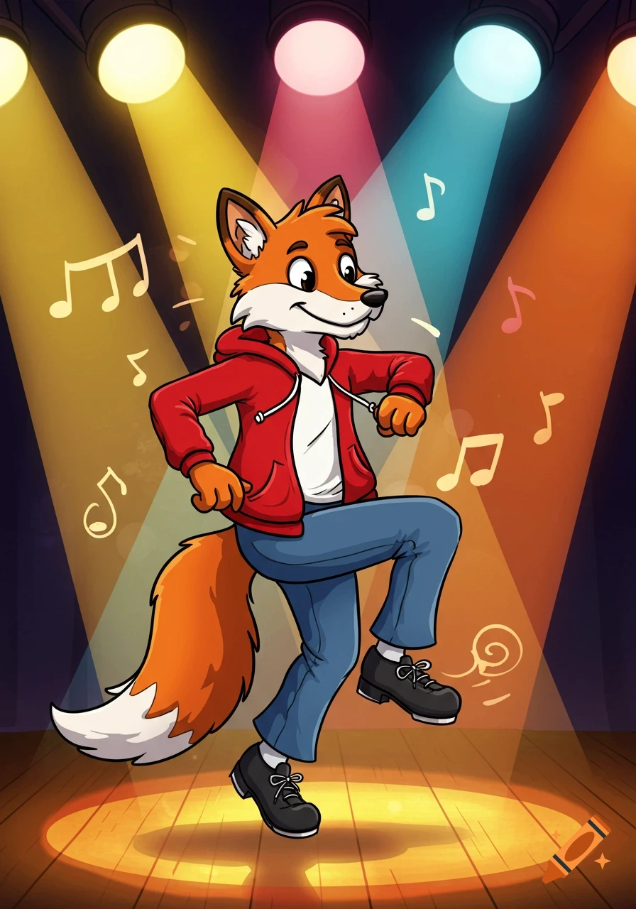 Friendly anthropomorphic cartoon fox tap dancing on a stage under spotlights with musical notes.