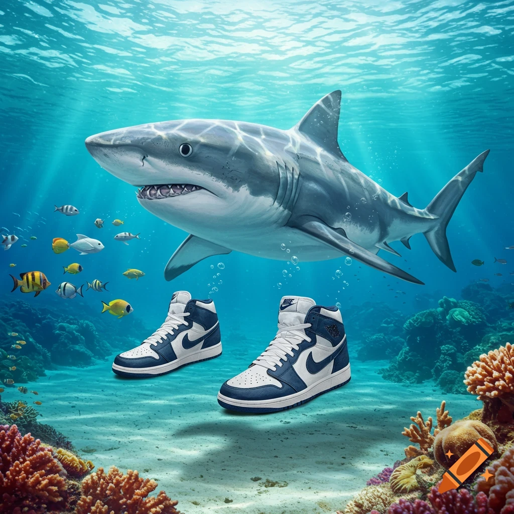 A photorealistic image of a great white shark swimming above two blue and white Nike sneakers on the sandy ocean floor with coral and fish.