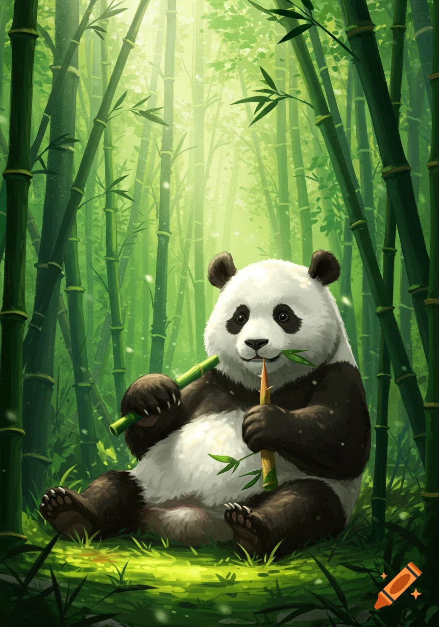 A cute panda sits in a lush, sunlit bamboo forest, happily eating a bamboo stalk. Stylized illustration.