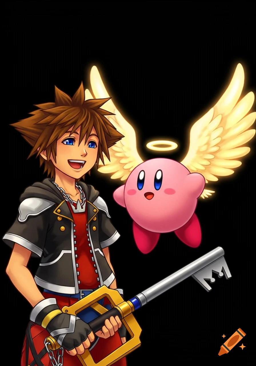 Sora from Kingdom Hearts, with spiky brown hair and a joyful smile, stands holding a Keyblade as a pink, winged Kirby with a halo floats next to him on a black background. Both characters are smiling.