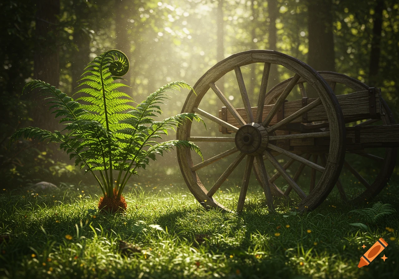 A vibrant fern and an old wooden wagon wheel in a sunlit forest, with light rays filtering through trees.