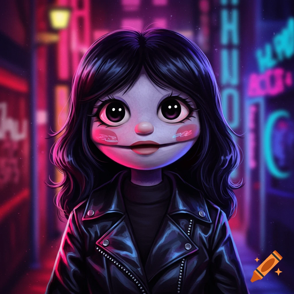 Illustrated muppet-like character with black hair and a leather jacket in a neon city alley.