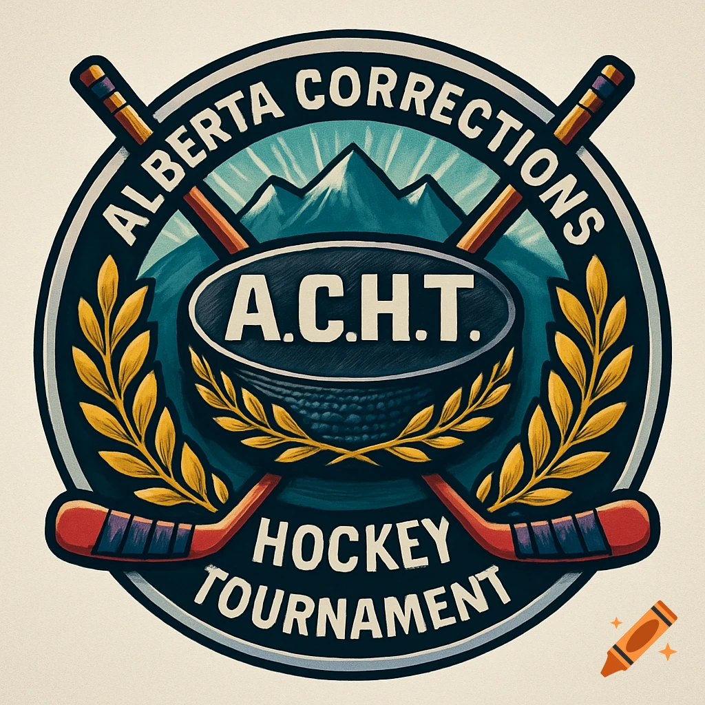 Vintage-style logo for Alberta Corrections Hockey Tournament with crossed hockey sticks, a puck, mountains, and laurel leaves.