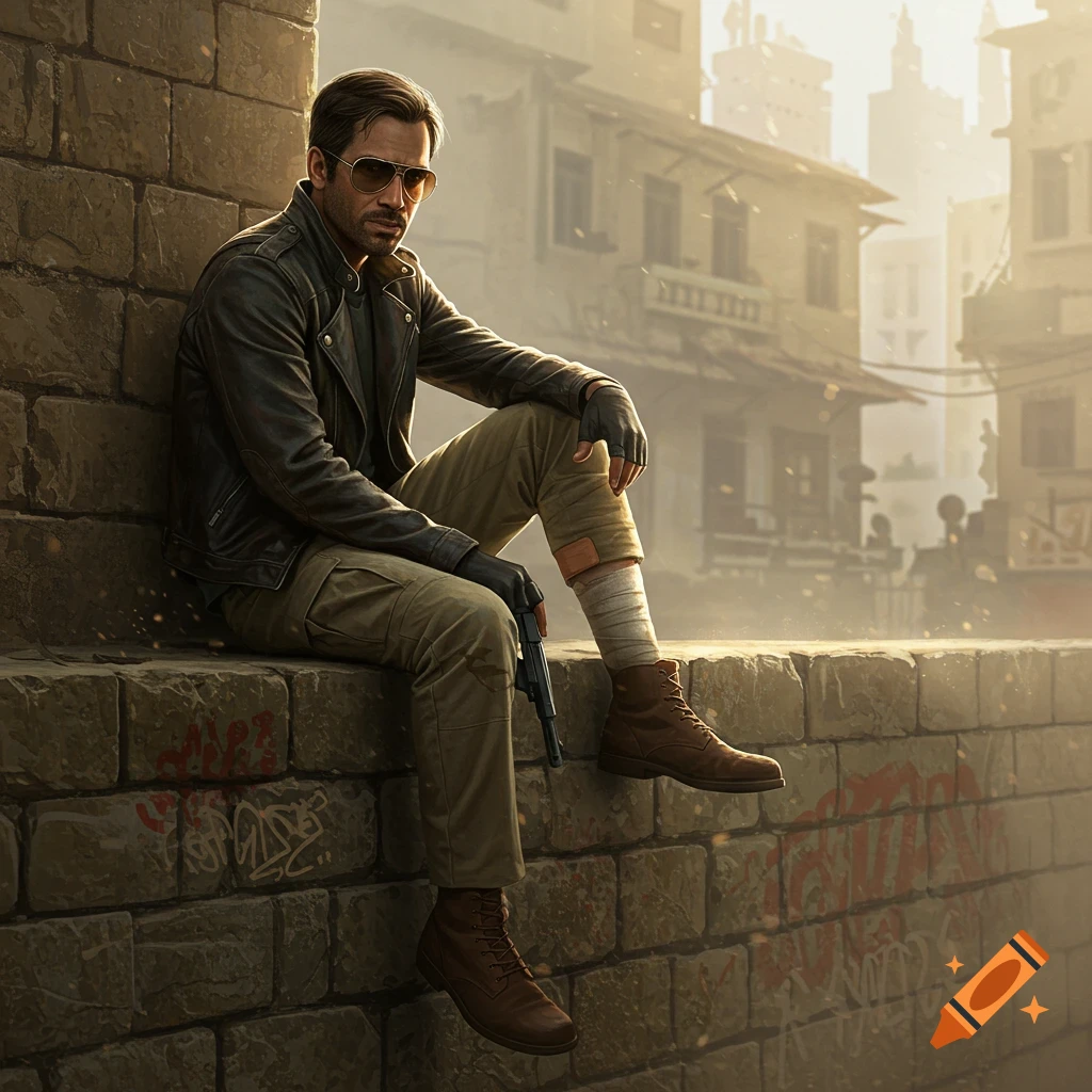 A man in a leather jacket and sunglasses with a bandaged leg sits on a stone wall in a gritty, sunlit urban scene, holding a pistol.
