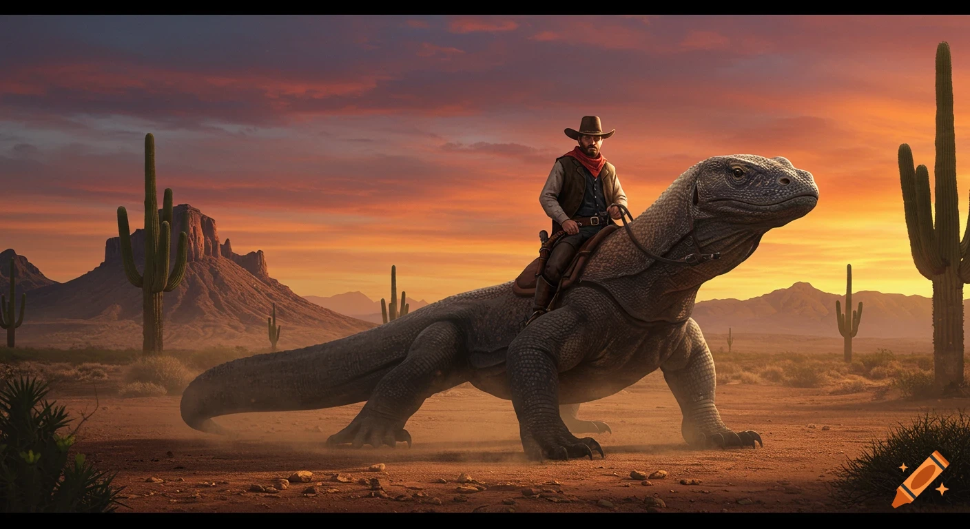 A cowboy rides a giant Komodo dragon through a dusty Wild West desert with cacti and mountains under a dramatic sunset sky.